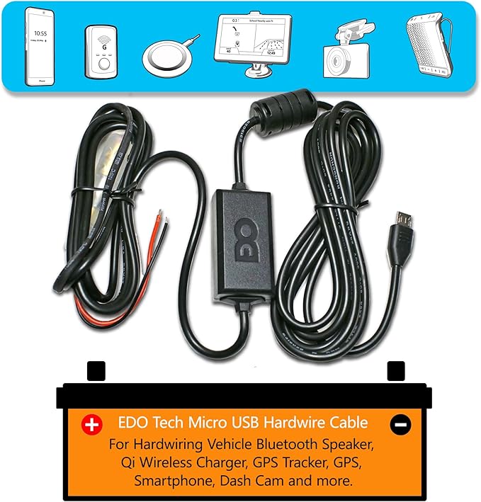 EDOTech Ultra Compact Micro USB Direct Hardwire Car Power Cord Kit for GPS Tracker Navigator Bluetooth Speaker Qi Wireless Charger Dash Cam DVR 10 Ft in Length