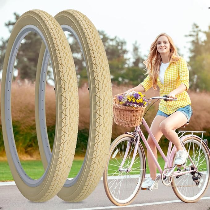 SIMEIQI 1 or 2 Pack 26"x2.125" Cruiser Beach Bike Tires Cream Color with or Without Inner Tubes 26"x1.75"/2.125" Replacement Folding Bicycle Tyres for City Commuter Urban Pavement