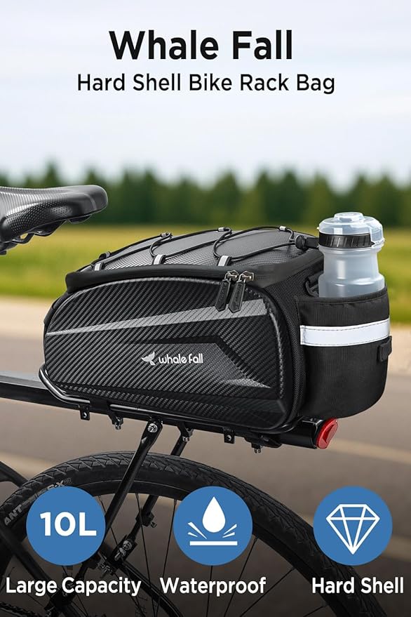 whale fall 10L Bike Rack Bag – Hard Shell Waterproof Rear Trunk Pannier, Saddle Seat Bag Carrier with Rain Cover, 4-Side Reflective Panels, Shoulder Strap & Handle, Bike Accessories, Gifts for Men