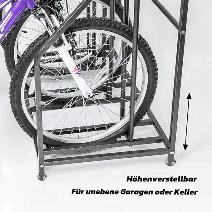 Kapler Bike Stand Rack - 4-Bicycle Floor Parking with Storage Basket & Anti-Slip Base for Garage Backyard Indoor & Outdoor Use - Fits Mountain Road & Hybrid Bikes