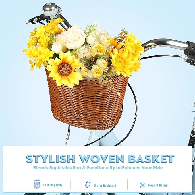 26 Inch Folding Beach Cruiser Bike for Women, 7-Speed Ladies Bike with Basket & Rack (Blue)
