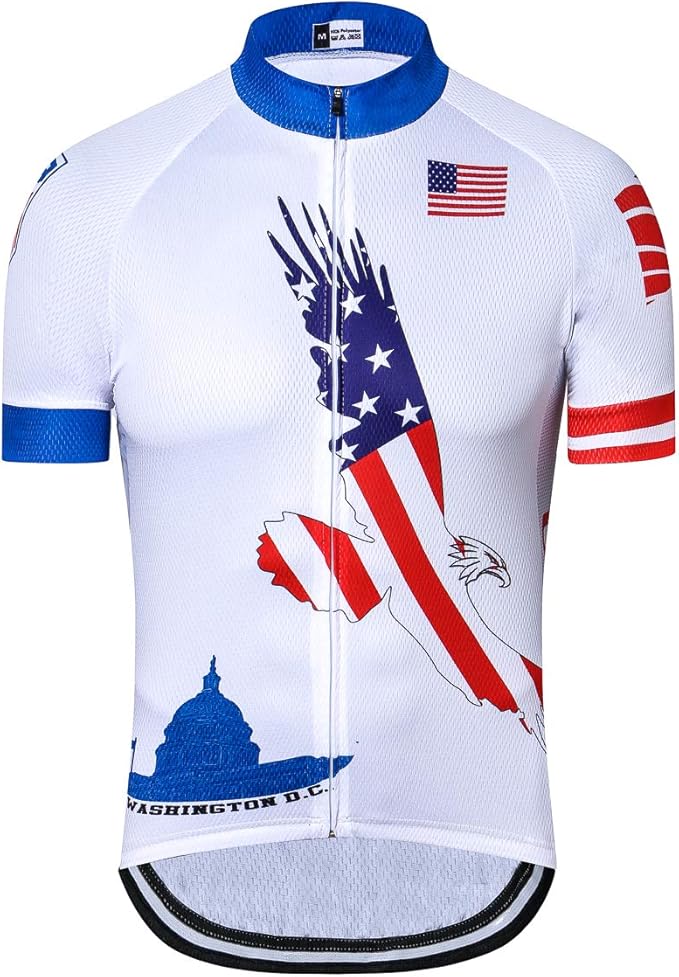 Cycling Jersey Short Sleeve USA Style Bike Tops with Pocket Reflective Stripe