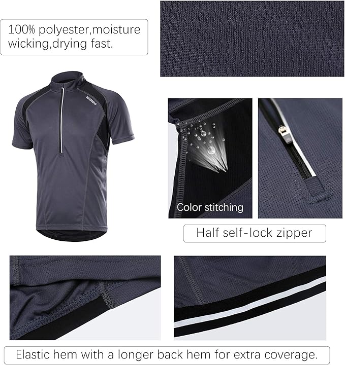 BERGRISAR Men's Half Zipper Cycling Jersey Short Sleeves Bike Bicycle Shirts with Zipper Pocket Quick-Dry Breathable BG060