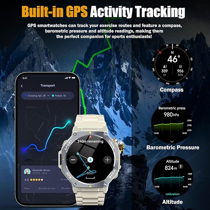 Jugeman Military Smart Watch for Men Answer Make Calls, 5ATM Waterproof Rugged Fitness Tracker with GPS, LED Flashlight, Compass, Heart Rate Sleep Monitor,1.43" AMOLED Display Smartwatch
