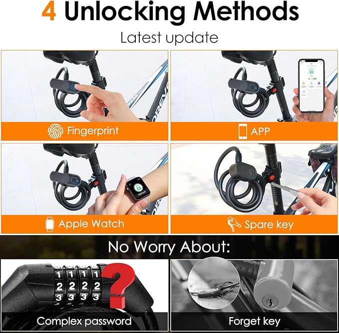 Eseesmart Fingerprint Bike Lock with Keys, 4.92 Feet Cablelock Electric Scooter Lock Heavy Duty Anti Theft Waterproof with Mounting Bracket, Bike Accessories for Bicycle, Electric Scooter, Motorcycle