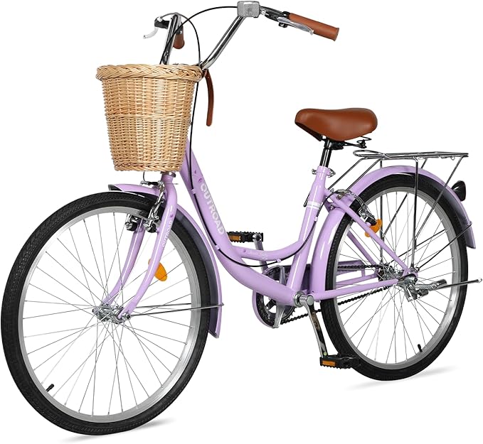 Betterland Beach Cruiser Bike for Women, 24/26 inch Hybrid Bike with Adjustable Seat, Womens Bike with Front Basket and Dual V-Brake, Step Through Comfort Bicycle for City Commuter