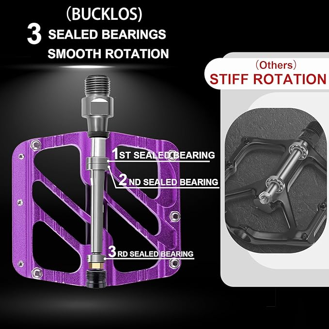 BUCKLOS MTB Flat Pedals Mountain Bike Pedals, 3 Bearings CNC Adult Road Bike Pedals, Bicycle Platform Aluminum Alloy Non-Slip Pedal for Gravel Bike/BMX 9/16"(Black)