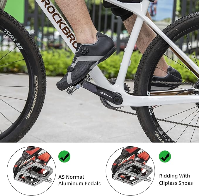 ROCKBROS MTB Mountain Bike Pedals Compatible with SPD Mountain Bike Dual Function Sealed Clipless Aluminum Bicycle Flat Platform 9/16" Pedals with Cleats for Road, MTB, Mountain Bikes