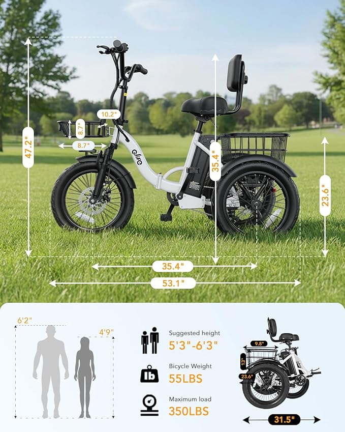 Qlife Triker Electric Bike, Peak 750W/1200W Brushless Motor Folding Trike Ebike, 499Wh Removable Battery, Step-Thru 3 Wheel Electric Bicycle, Up to 55 Miles, 20 Tire Tricycle for Adults