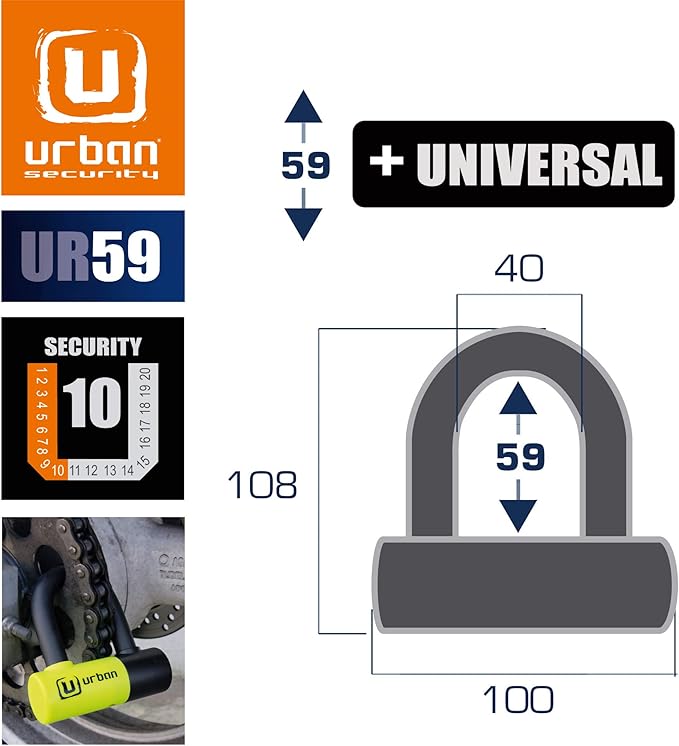 Urban UR59120 Mini U Lock with Chain Loop 120 cm/3.9ft, Dual Function Safer & Lighter for Motorcycle Disc Lock, High Security Double Locking, Universal Anti Theft for Motorcycle, Scooter, Bicycle