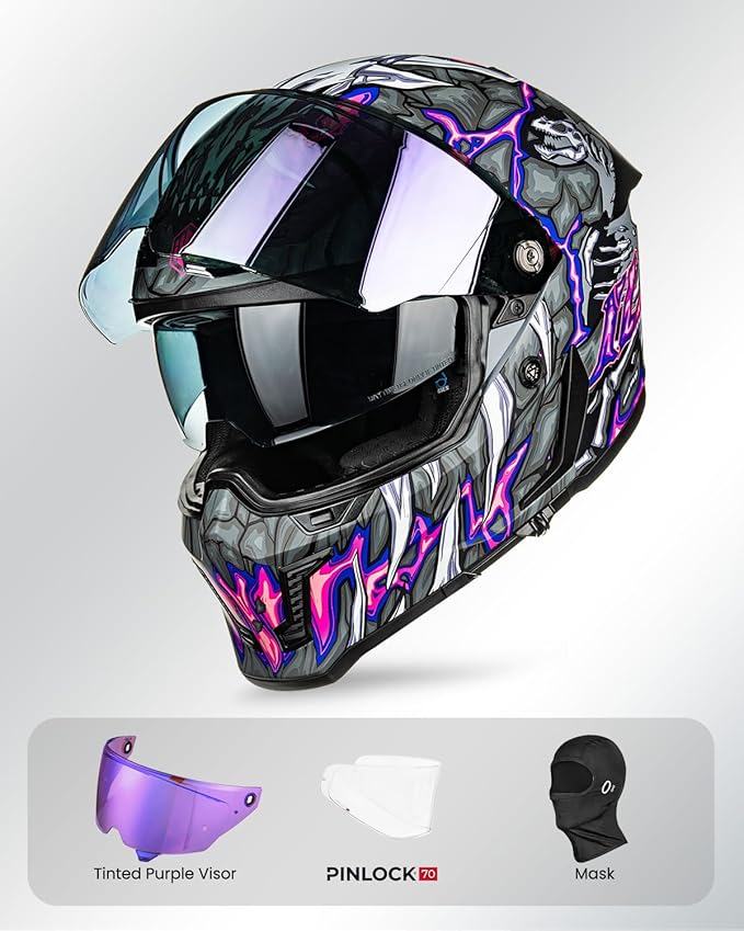 ILM Motorcycle Helmets for Adult Men Women Full Face DOT ECE Powersports Dual Visor Street Racing Helmet with Pinlock Cascos para Motos Model MF509 (Day1 Purple, XL)