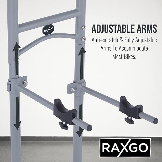 RaxGo Bike Garage Storage Rack, 2 Bicycle Garage Floor Stand, Freestanding, Adjustable Hooks, for Mountain & Road Bicycles, Universal for Indoor Use