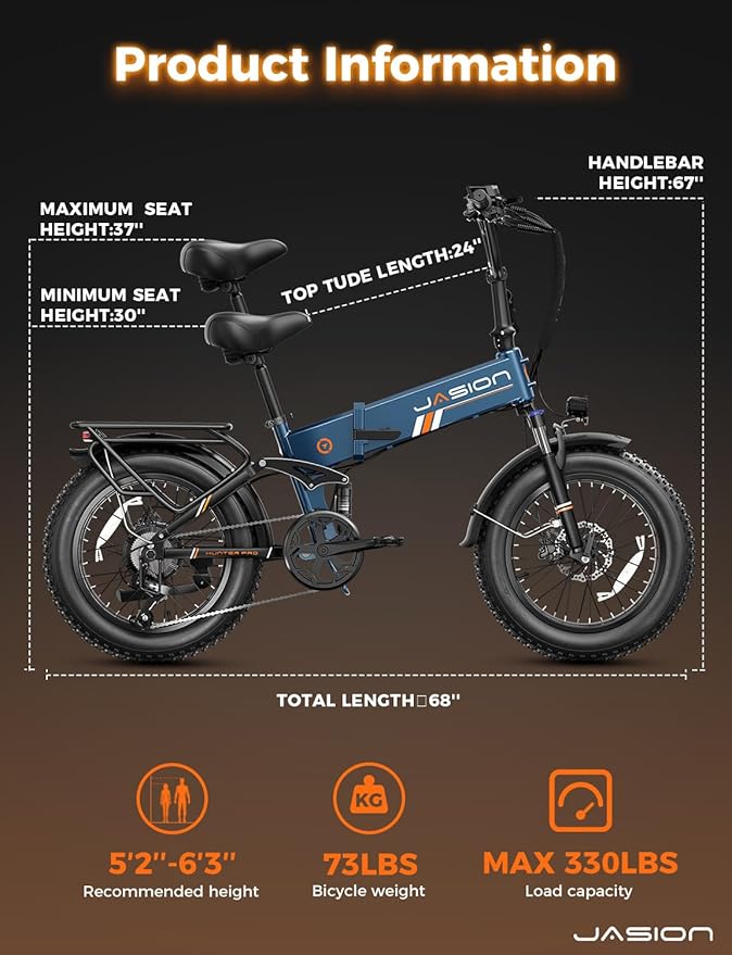Jasion X Hunter/PRO Electric Bike for Adults,1800W/1400W Peak 20''Fat Tire Foldable Ebike,Folding E Bike Up to 80/70 Miles Range,720/624WH Removable Battery,30 MPH E Bike,Certified by UL2849