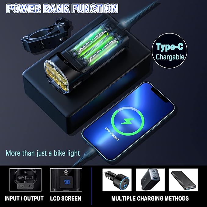 Victagen Bike Light 12000lm Bike Lights for Night Riding, Waterproof Lights for bike Rechargeable Front Bike Headlight and Taillight, High & Low Beam, 10000mAh ultra long endurance bike lights