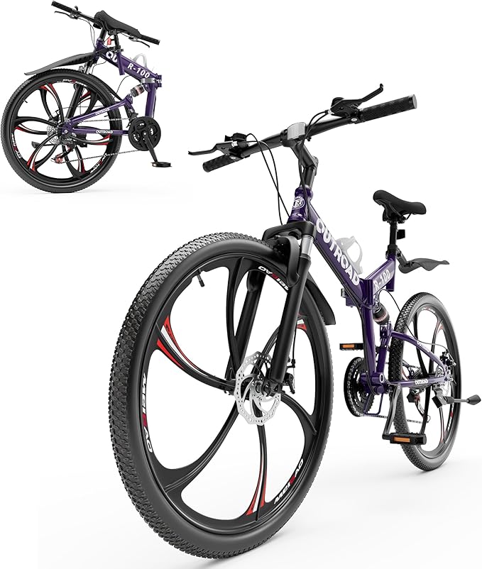 26 inch Folding Mountain Bike, Carbon Steel Frame and 21 Speed, Double Disc Brake and Dual Suspension Folding Bike for Adults/Men/Women, Easy Assembly Bicycle(Black/Green/Orange)