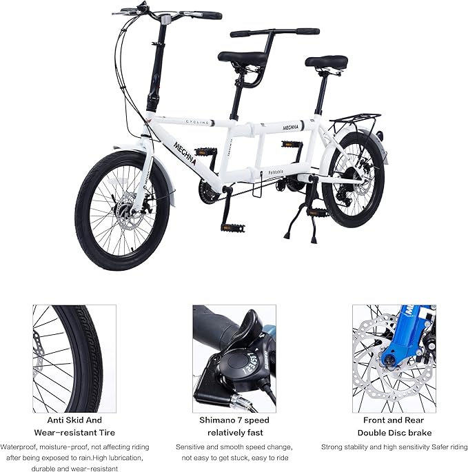 Foldable Tandem Bike, 20”City Tandem Folding Bicycle, 7-Speed Adjustable Cruiser Bike Folding Bike with 3 Seats& Disc Brake, CE FCC CCC