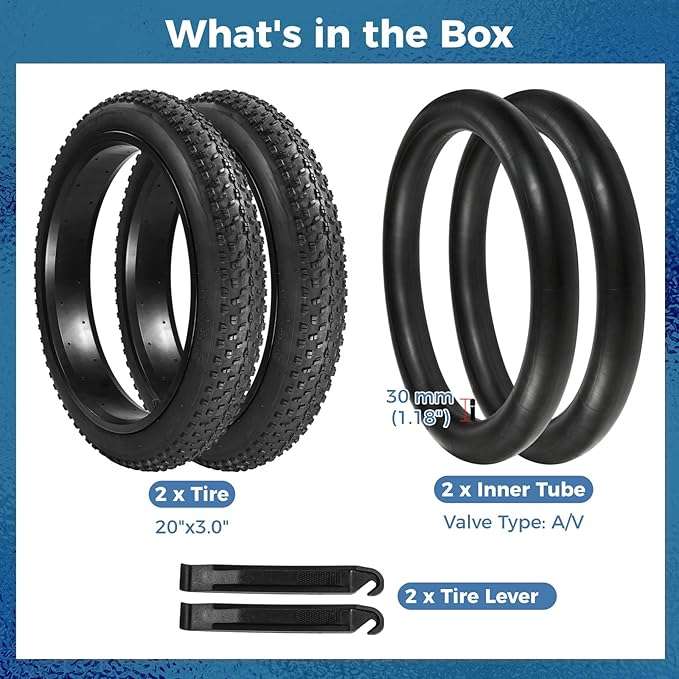 20 x 3.0 in Fat Bike Tires & Tubes, 20 Inch Fat Tire Folding Tires, 76-406 20x3.0 Ebike Tires with Levers, 20x 3.0 Electric Bike Tire for Mountain Bikes & Ebikes