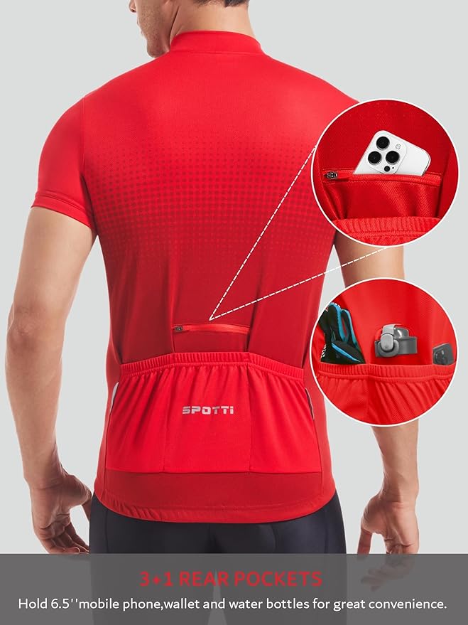Spotti Men's Cycling Bike Jersey Short Sleeve with 3 Rear Pockets- Moisture Wicking, Breathable, Quick Dry Biking Shirt