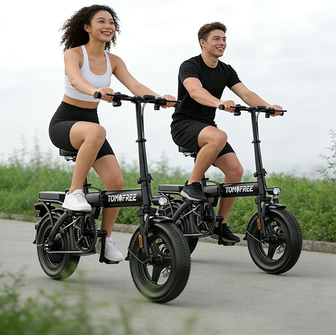 Tomofree Folding Electric Bike for Adults 20-24MPH Peak 750W EBike, 48V 20AH Removable Battery for Electric Bicycles, 40Miles Max Range, 10 Shock Absorbers, 14'' Fat Tire Foldable E-Bike, PAS E Bike