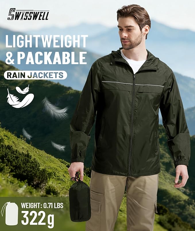 SWISSWELL Mens Rain Jacket & Coats Packable Lightweight Waterproof Windbreaker Hooded for Golf Cycling Hiking