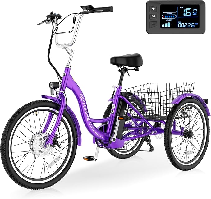 Electric Tricycle for Adults Seniors, 24/26 Inch 3 Wheel E-Trike, 350W Motor (700W Peak), Removable 36V Battery, Up to 15.5MPH, 25-60Mile Range, Low Step-Through, Rear Basket, 350lbs Capacity, 7 Speed