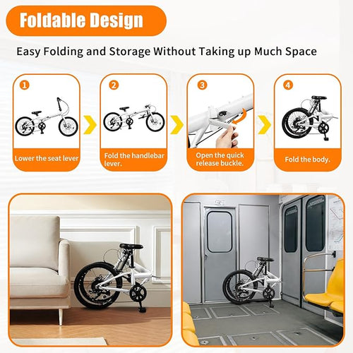 20-Inch Folding Bike, Foldable Bike for Adults Adjustable Seat Height & Elevable Handlebars Store in The Trunk 7-Gear Transmission Front and Rear Disc Brakes for Traveling