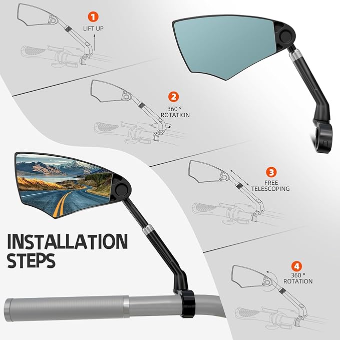 WEST BIKING Anti-Glare Handlebar Bike Mirror - Bike Rear View Mirror With Retractable & 360 ° Adjustable Lens, Foldable Bicycle Mirror For 20-26mm Handlebar（Left-A）