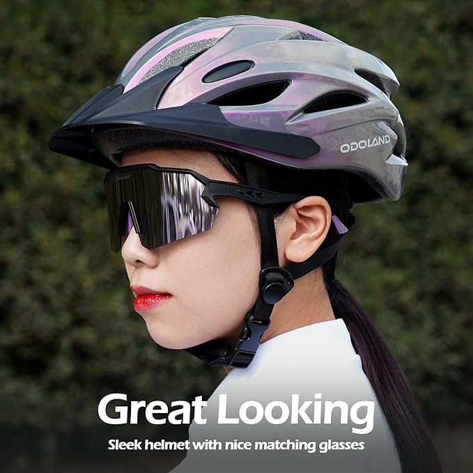 Odoland Adult Bike Helmet and Cycling Sunglasses Set for Men & Women, Safety Certified Bicycle Helmet with UV Protection Glasses for Mountain, Skating, Road, City Commuting & Outdoor Riding