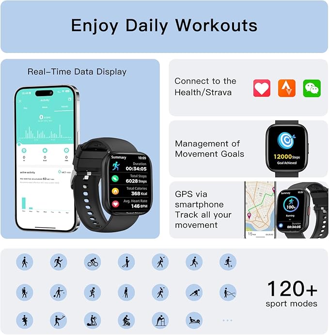Smart Watches for Men Answer/Make Calls, 1.85'' Fitness Watch with Heart Rate/Sleep Tracker, Activity Tracker, Pedometer, Voice Control, Waterproof Smart Watch for Android iPhone (2 Straps)