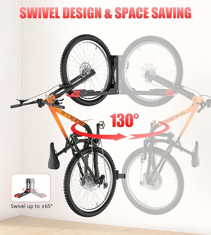 Swivel Bike Wall Mount 2 Pack Bike Rack for Garage, No Heavy Lifting Required Wall Bike Hangers Can Holds up to 77 lbs (Black & Red)