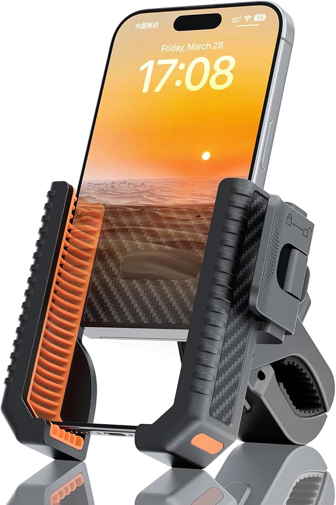 Bike Phone Mount, Motorcycle Phone Holder with Not Block Camera, Motorcycle Handlebar Cell Phone Clamp for iPhone 16, iPhone 15 Pro Max/Plus,14,S9, S10 and More 4.5" to 7" Phone