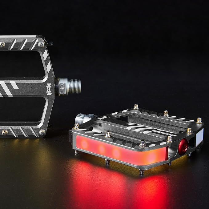 Bicycle Pedals with LED lights 5 Modes, Tap On-Off, USB Rechargeable, Waterproof, Flat CNC Aluminum Road Bike Pedals w 9/16" Cr-Mo Steel Axel w Pin, for Ebike, Commuter, Hybrid, City, Beach Bike