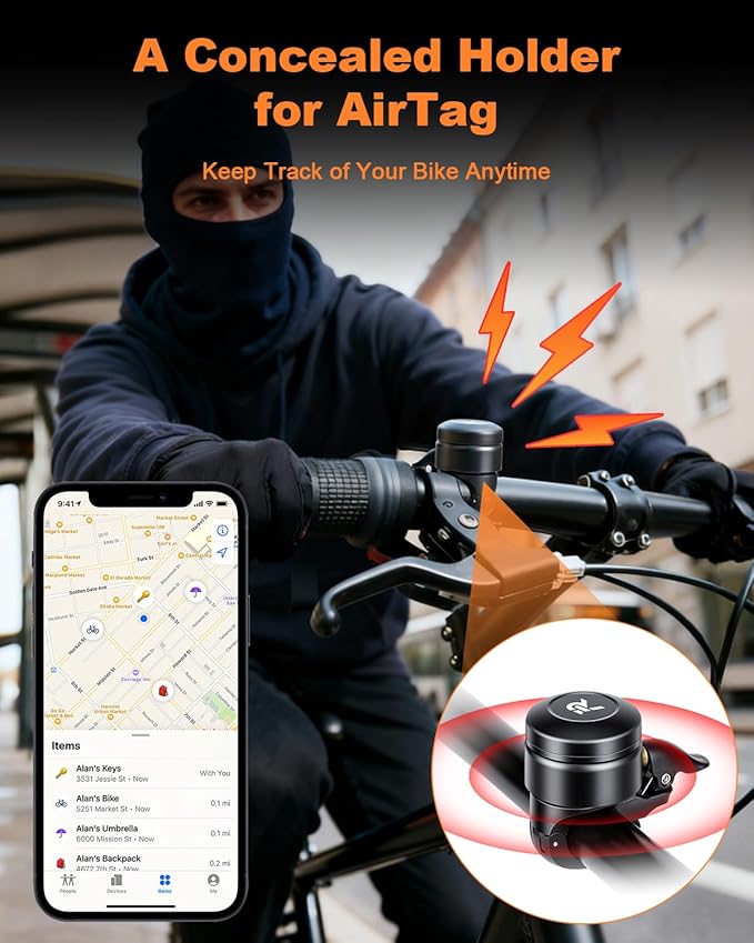 YBLNTEK Bike Bell for Apple AirTag, Copper Bicycle Bell Hidden AirTag Bike Mount GPS Tracker Case Waterproof for Adults Kids Bikes 0.87inch/22.2mm Handlebar, Anti-Theft,120dB Loud
