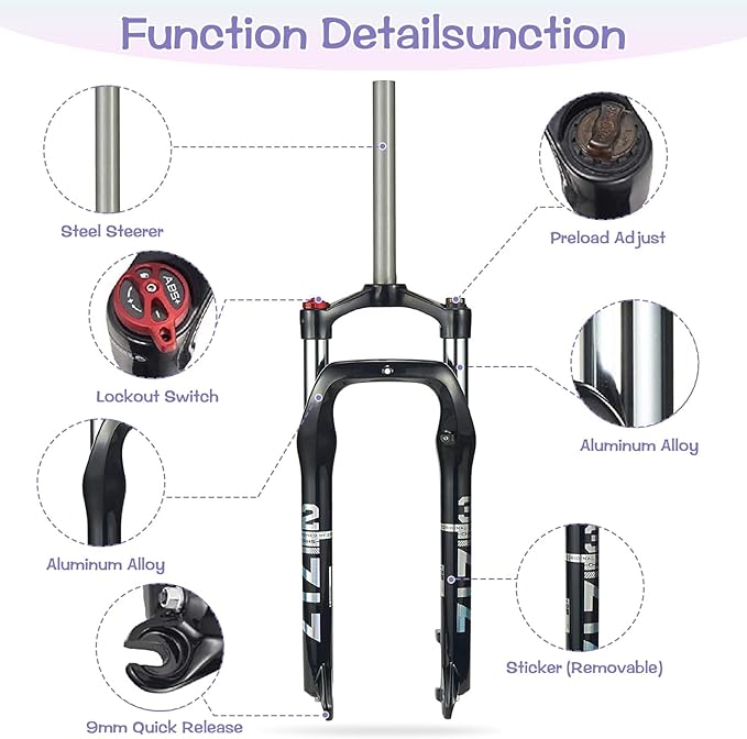 ZTZ 26 x 4.0 inch Fat Tyre MTB Suspension Fork - 100 mm Travel, 135 mm Spacing Hub, 9 mm QR, Manual Lockout Oil Spring Mountain Bike Front Fork, Ideal for Snow Beach XC Mountain Bikes