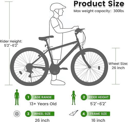 24 Inch Wheel Mountain Bike, 21 Speed Mountain Bicycle with Dual V Brake, High-Carbon Steel Frame, Trail Commuter City Bike for Teenagers Adult Men Women