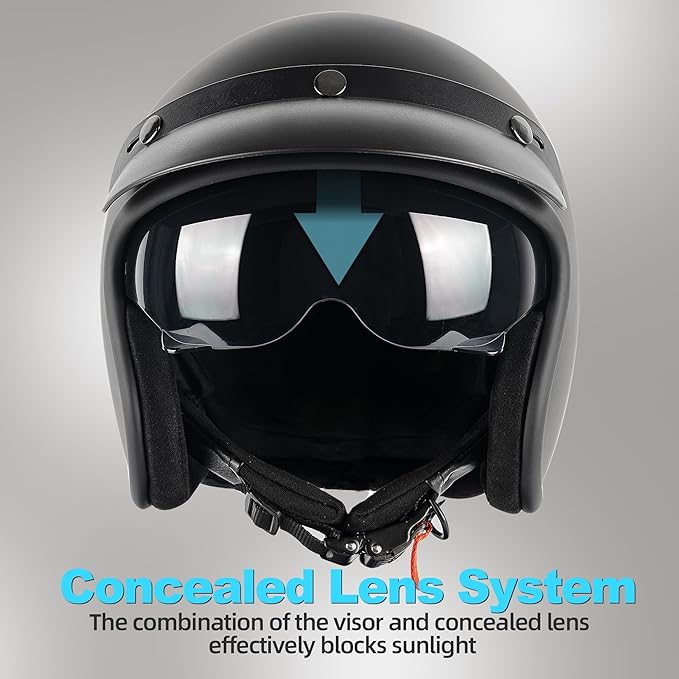 3/4 Open Face Retro Motorcycle Helmet Vintage Helmet for Motorbike Casco, Moped, Cruiser, Bobber, and Chopper - DOT Approved（Matte Black,L）