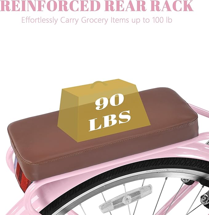 24/26 Inch Foldable Beach Cruiser Bike for Womens, 7 Speed Womens Bike with Basket and Coffee Cup, Commuting Bicycles for Women, Lightweight Complete Cruiser Bikes Bicycle for Ladies Adults
