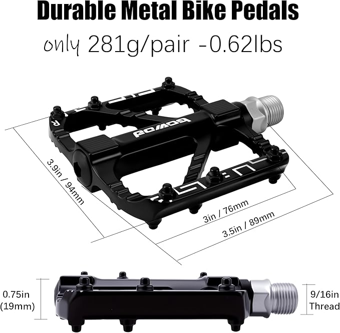 Mountain Bike Pedals, MTB Pedals Aluminum Alloy Composite Pedal Platform, Non-Slip Bicycle Pedals w 12pins, fit for 9/16" Adult BMX, City, Road Bike