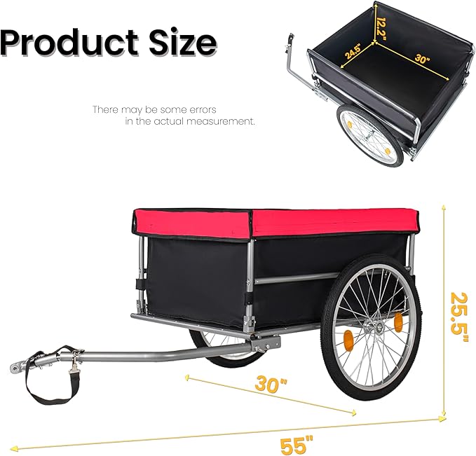 Aluminum Bicycle Trailer, Foldable Bike Cargo Trailer with Universal Hitch, 20'' Wheels, Removable Cover, Folding Frame Quick Release, Ebike Trailers for Camping, Groceries, 120 LBS Capacity, Red