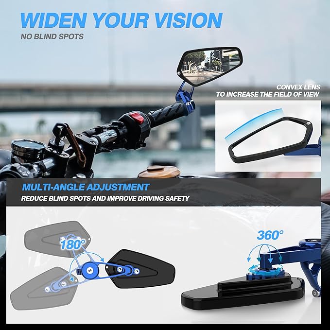 MICTUNING CNC Motorcycle Mirrors - 7/8" (22mm) Bar End Rear View Mirrors Compatible with Most Honda Grom, Yamaha, Kawasaki, Ducati, Suzuki and More - Blue