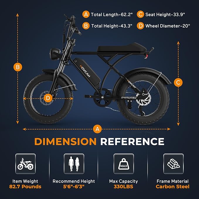 Movcan V60/V60 Pro Electric Bike, 48V 15.6/18.2Ah Removable Battery 20” Fat Tire Electric Bike, 1000/1500W Motor 30/33MPH Top Speed Electric Motorcycle, for Commute/Offroad/School/Rain/Snow Riding.