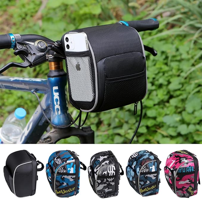 Cycling Handlebar Bag, Waterproof Black Bike Frame Bag, Large Capacity Bike Handlebar Bag with Easy Attachment, Compact Front Storage Bag for MTB and Road Bikes, 7" x 6" / 19 x 14 cm