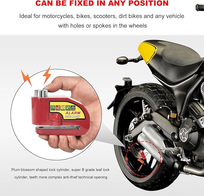 Alarm Disc Lock Set, 110dB Alarm Sound Anti-Theft Security Brake Padlock with 5ft Reminder Cable, Waterproof Battery Powered Disc Brake Lock for Motorcycle Bicycle Scooter (Red)