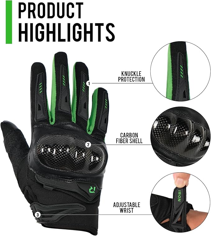 IRON JIA'S Motorcycle Gloves for Men and Women, Summer Touchscreen Riding Gloves with Carbon Fiber Protection for Road Racing, Dirt Bike, BMX, ATV L