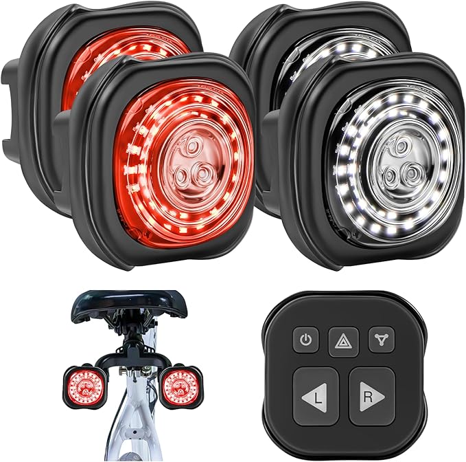 Smart Bike Lights System-Taillight,Headlight&Turn Signal,Sync Front&Rear Bike Light for Night Riding,3+2+1 Light Modes Rechargeable Bicycle Light with Remote Controller,IP67 Waterproof Day/Night Mode