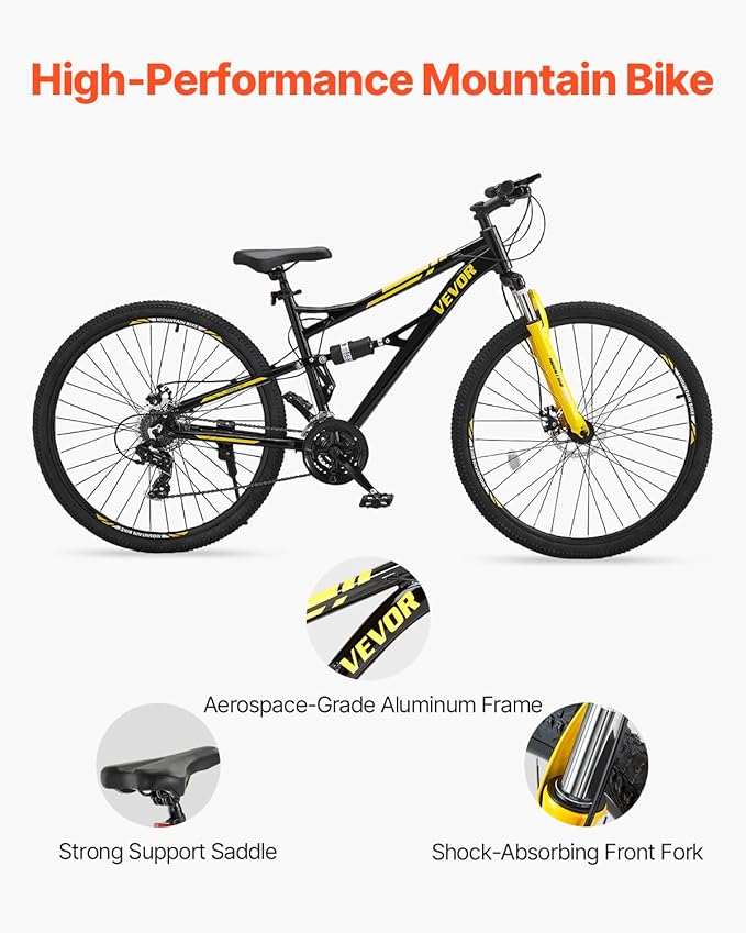 VEVOR Mountain Bike for Men/Women, 20"/26"/29" Sizes, 7/21/24 Speed Twist Shifting, Front or Dual Suspension, Dual Disc Brakes, Comfort Saddle, Sleek Colors