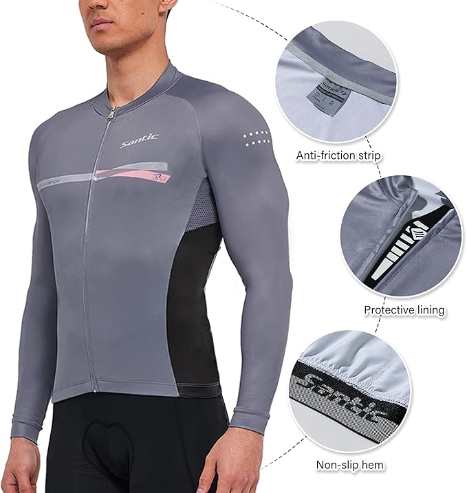 Santic Cycling Jersey Men's Long Sleeve Bike Reflective Full Zip Bicycle Shirts with Pockets