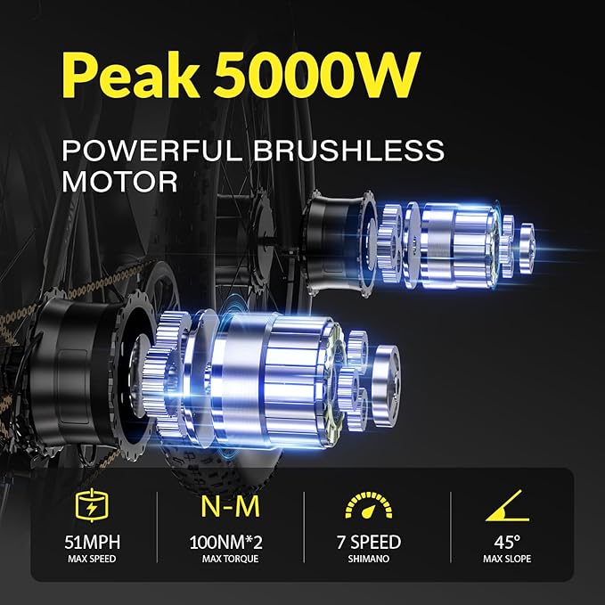 E Bikes for Adults Electric,51 MPH/48 MPH Fast Ebike Peak 5000W/3000W 32AH 52V 130 Miles Max, Dual Motor Electric Bike Fat Tire E Bike for Men, 26" Electric Bicycle for Snow Off-Road, Hydraulic Brakes