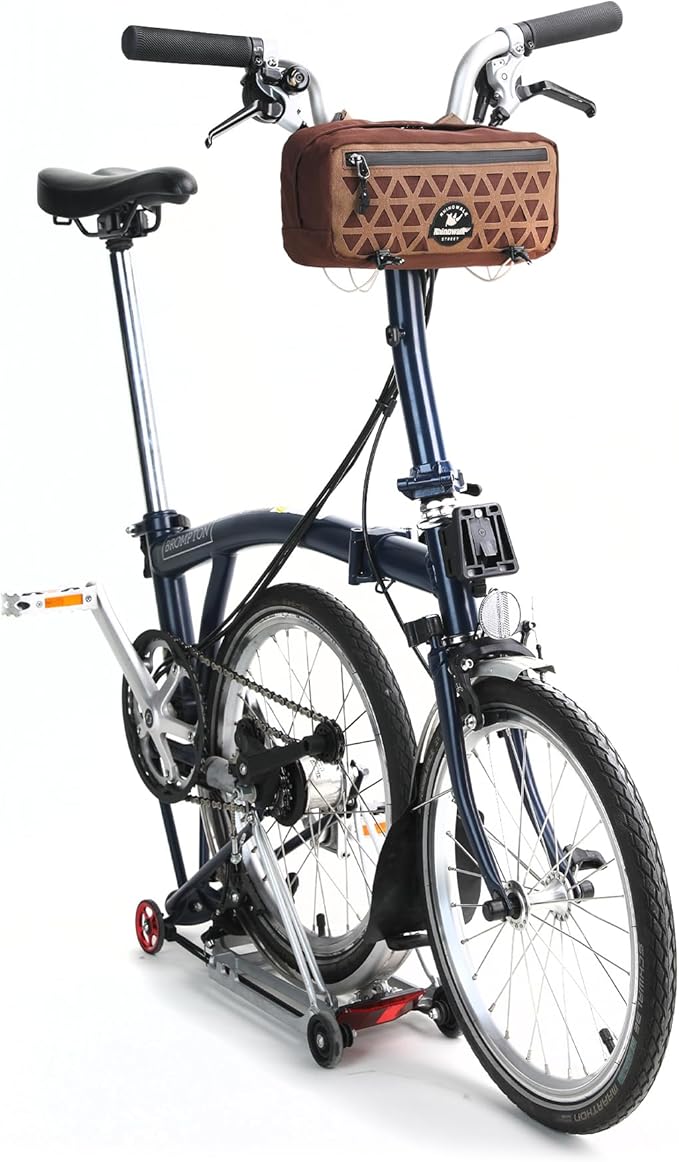 Rhinowalk Handlebar Bag for Brompton Folding Bike & Road Bikes, 1.9L Compact Pouch with Shoulder Strap, 3-Point Mounting, Front Zipper Pocket, Internal Storage for Cycling & Commuting (Dark Brown)
