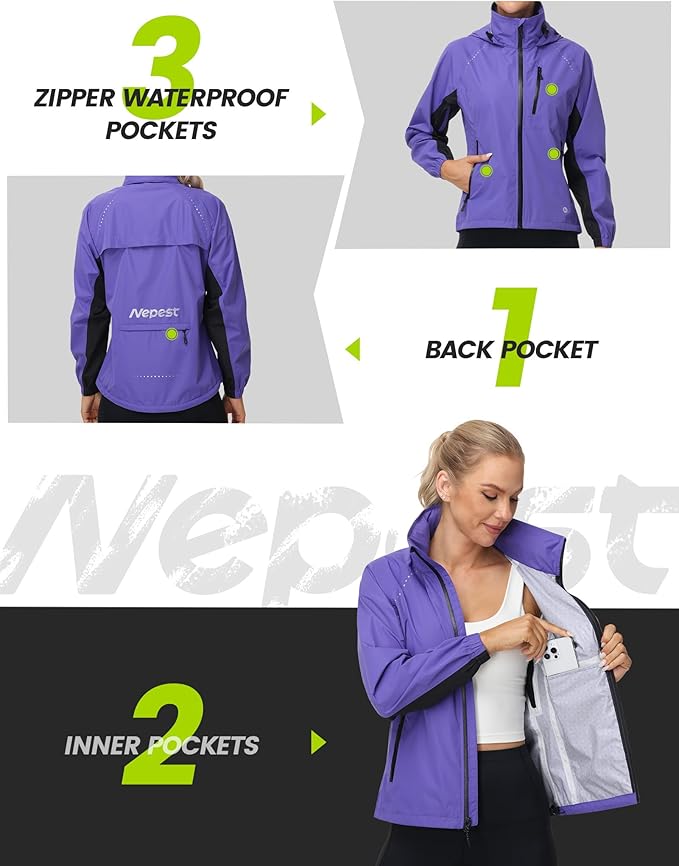 Nepest Womens Cycling Rain Jackets Lightweight Waterproof Biking Running Windbreaker UPF 50+ Reflective Packable Hooded